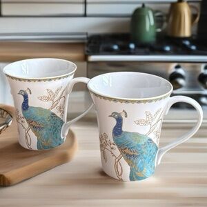 222 Fifth 10oz Peacock Garden Elegant Fine Porcelain Mugs White Turquoise Gold